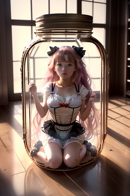 (inside glass jar:1.3), masterpiece, best quality, 1girl, sitting, (behind glass), shocked, (large breasts::0.8), maid outfit, dirty, freckles, (pink hair:1), wavy hair, very long hair, messy hair, shrunken <lora:Girls in Glass Jars v2 RC1:0.6>, dark wooden floor, dimly lit,  looking at viewer, adult, kneeling