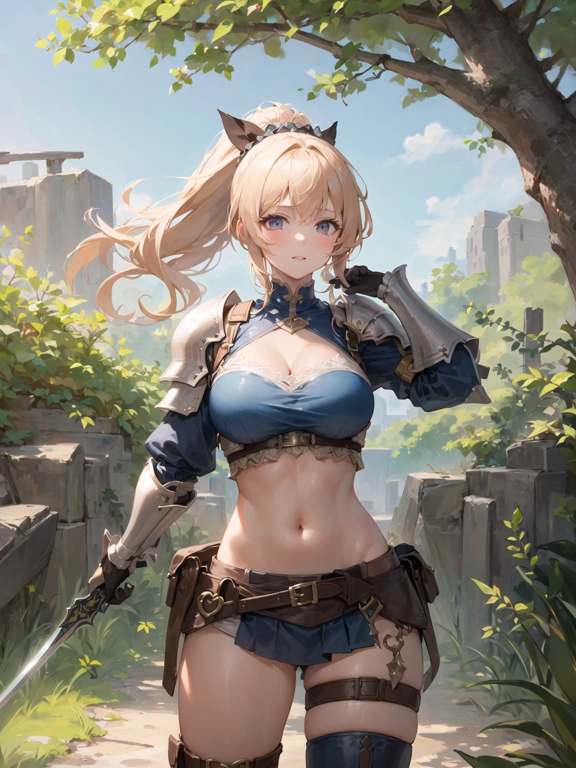 ((masterpiece, best quality)), (1girl), ((mature female)), big breast, ponytail, ((wearing armour)), cleavage, curvy, (plate armour), wide hips, thin waist, midriff, thigh strap, boots, wearing a sword, sword fighting stance, outdoor, adventurer, knight, dungeon background, nature, medieval time, reflected light, ray tracing, delicate background, cowboy shot,