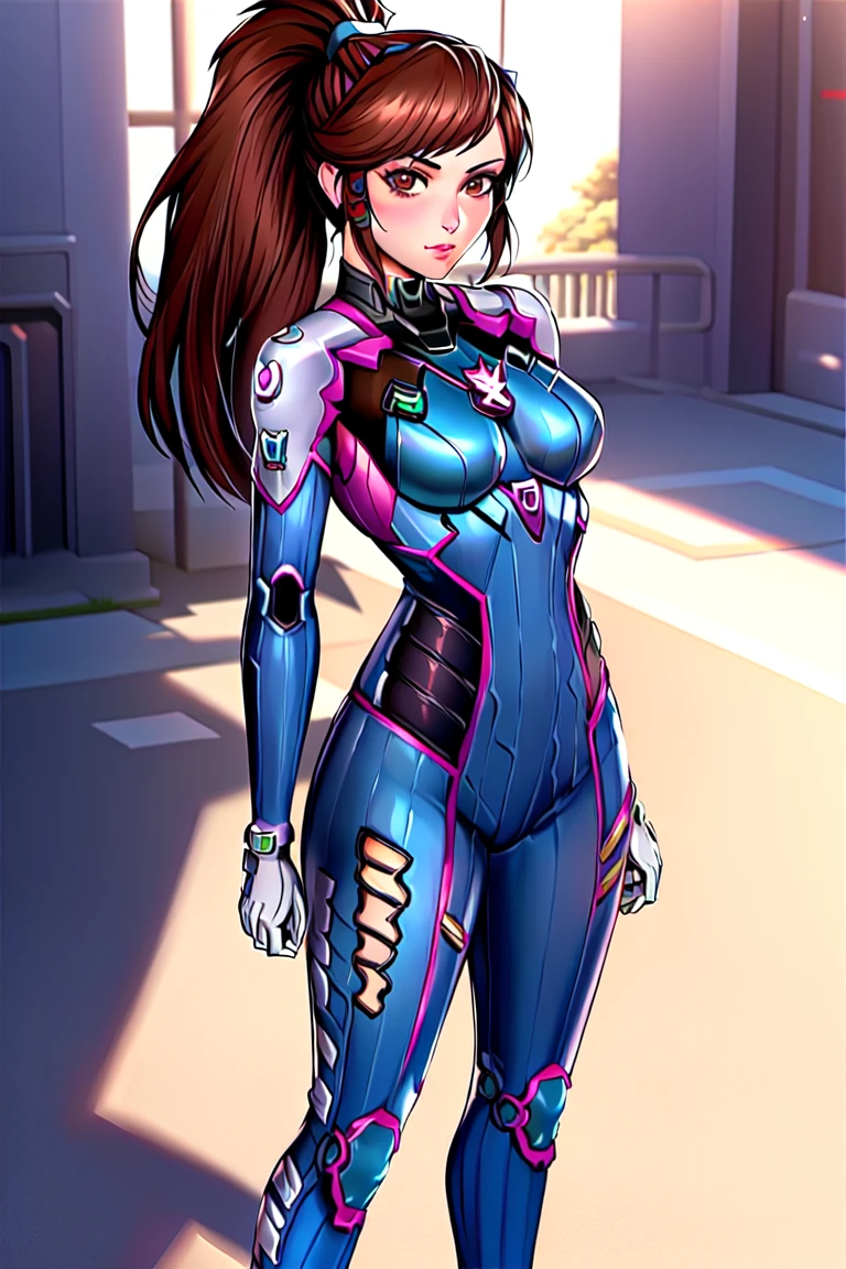 <lora:d.va:0.6>,  Deeva \(overwatch 2 version\), d.va /(overwatch 2/), 1girl, ponytail, long hair, solo, brown hair, brown eyes, white and blue bodysuit, standing,