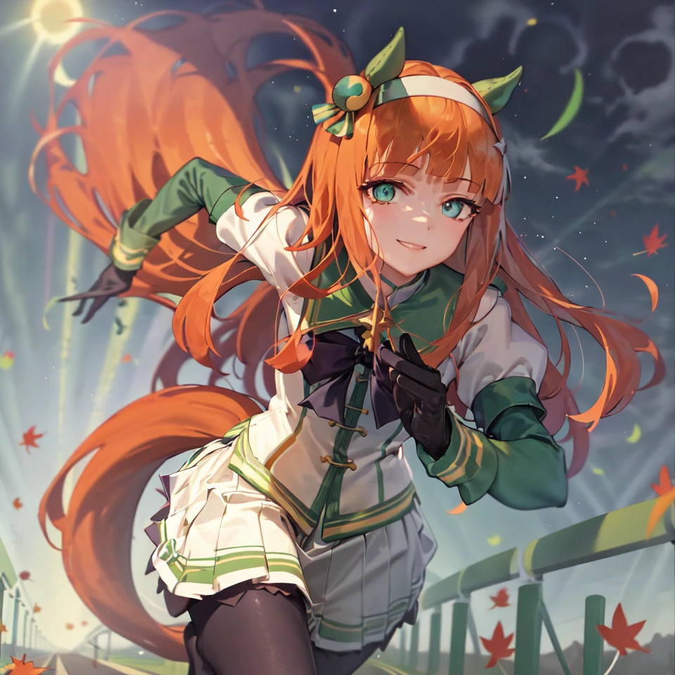 masterpiece, best quality,
silence suzuka \(umamusume\), solo,
black gloves, white skirt, pleated skirt, black pantyhose, layered sleeves, puffy short sleeves, short over long sleeves, black bow,
eye trail, day, sun, blue sky, light smile
running, autumn, autumn leaf, grass stadium,
<lora:silence_suzuka_lora:0.9>