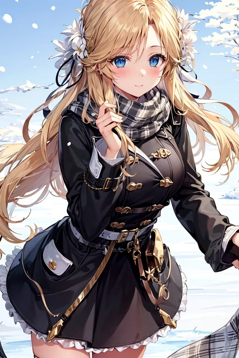 masterpiece,1girl,solo, blonde hair,  <lora:BrestV1-000006:0.9>,winter_clothes:1.3, black coat, scarf:1.2,snowing