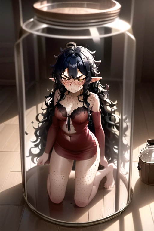 (inside glass jar:1.3), masterpiece, best quality, 1girl, (behind glass), (ripped clothes:1.2),  freckles, elf, pointy ears, black hair, red dress,  angry, wavy hair, very long hair, messy hair, shrunken <lora:Girls in Glass Jars v2 AV3:0.9>, dark wooden floor, dimly lit,  looking at viewer, adult, (kneeling:0.9)