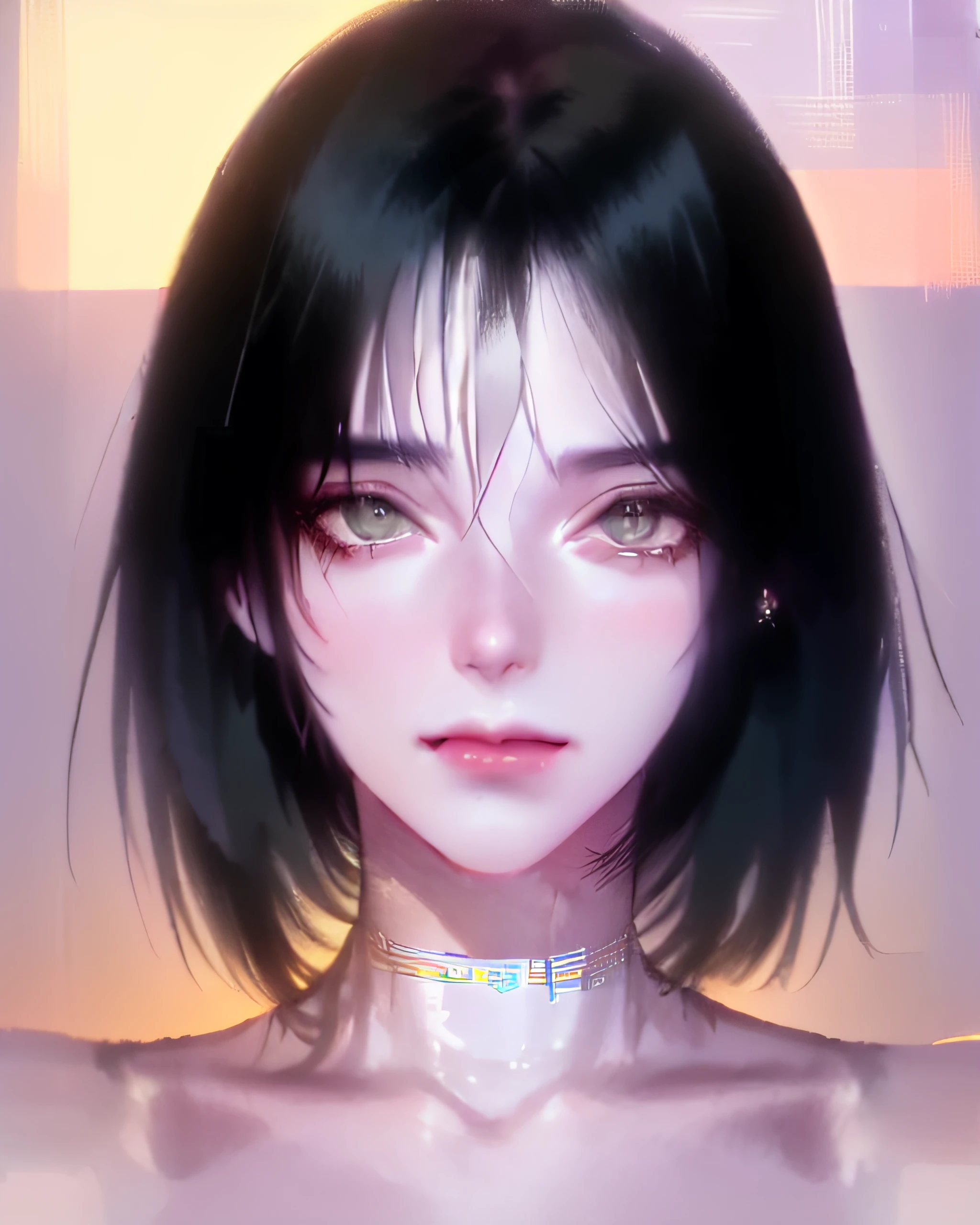 DBfantasyart, close up portrait female, (black hair), green eyes, long hair, smirking, standing in a street, at night, <lora:graphic_illust_12: 0.4>