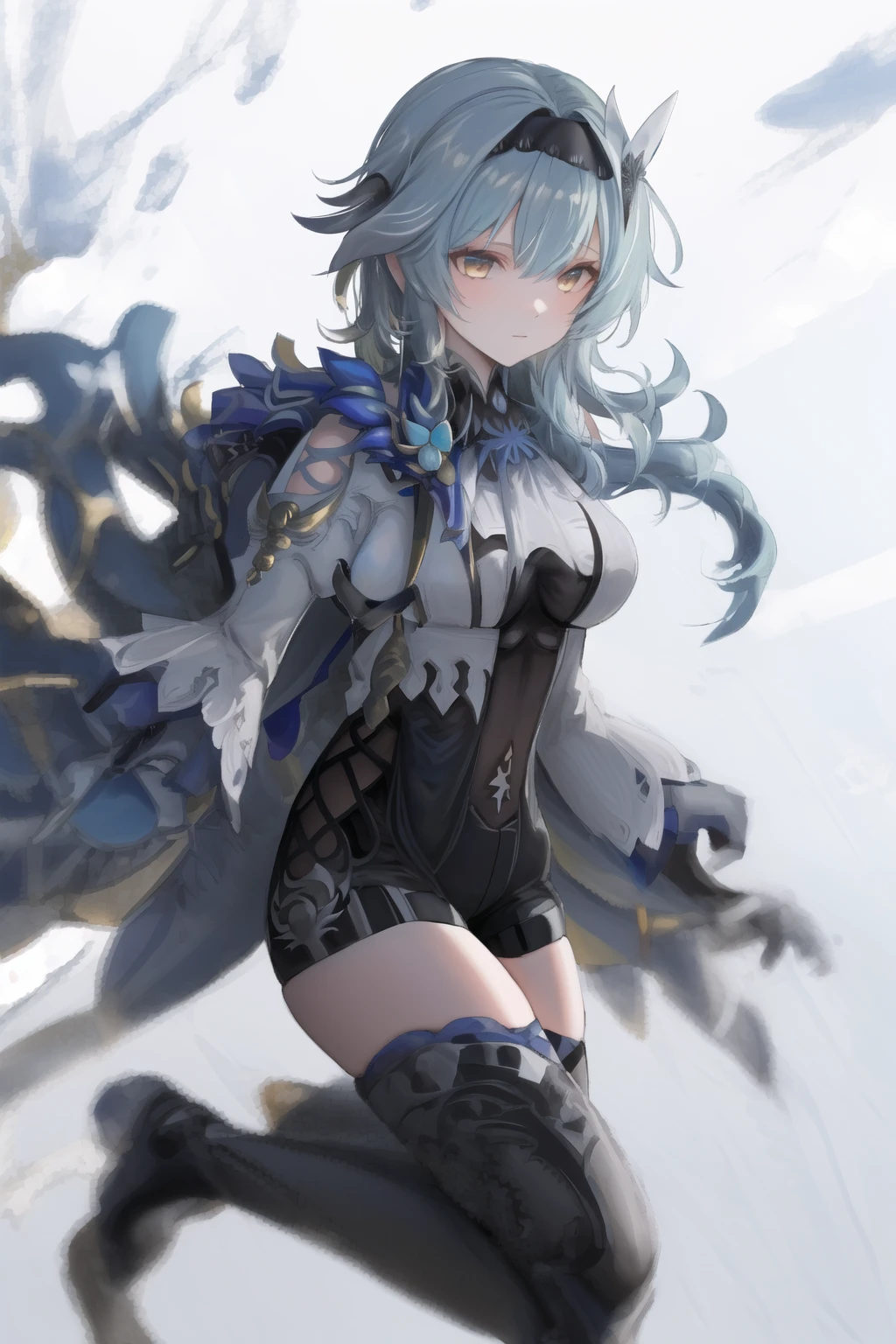 (8k, RAW photo, best quality, masterpiece:1.2),(best quality, masterpiece:1.2),(Beautiful detailed background), 1girl, solo, eula (genshin impact), blue hair, thighhighs, hairband, thighs, long sleeves, gloves, necktie, bangs, dark golden  yellow eyes, medium hair, leotard, hair ornament, black hairband, medium breasts, black leotard, cape, looking at viewer, shoulder cutout, black thighhighs, blue necktie, long hair,

<lora:Eula-Model:1>