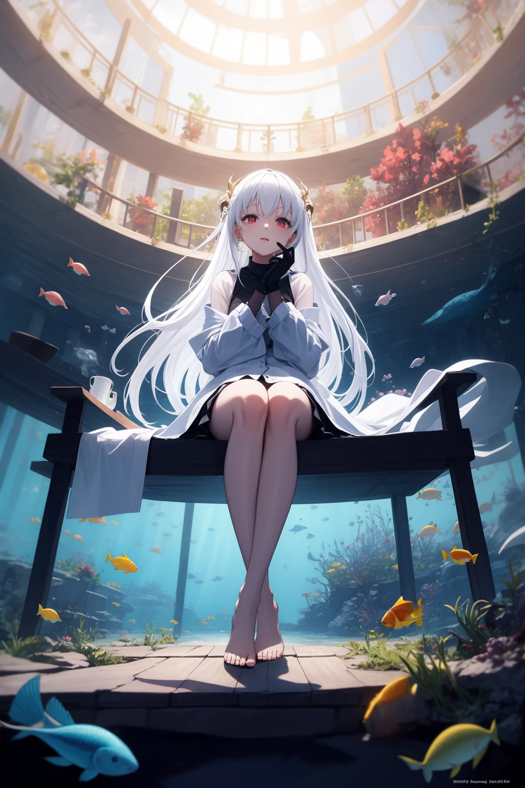 [(Transparent background:1.5)::5],(((masterpiece))),(((best quality))),(((extremely detailed))),illustration, 1girl,solo,mysterious,vivid color,shiny, underwater transparent sealed hemispherical glass dome, white hair,red eyes, full body,barefoot,long hair tranquil nature, koi,Underwater, Dome,close up,Dynamic actions,Lens perspective,(((Box composition))),sit cross-legged and lean against the bookshel,
