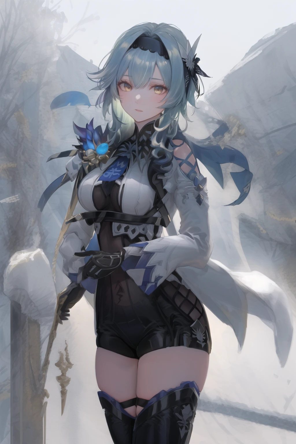 (8k, RAW photo, best quality, masterpiece:1.2),(realistic, photo-realistic:1.37),(best quality, masterpiece:1.2),(Beautiful detailed background), 1girl, solo, eula (genshin impact), blue hair, thighhighs, hairband, thighs, long sleeves, gloves, necktie, bangs, dark golden  yellow eyes, medium hair, leotard, hair ornament, black hairband, medium breasts, black leotard, cape, looking at viewer, shoulder cutout, black thighhighs, blue necktie, long hair,

<lora:Eula-Model:1>