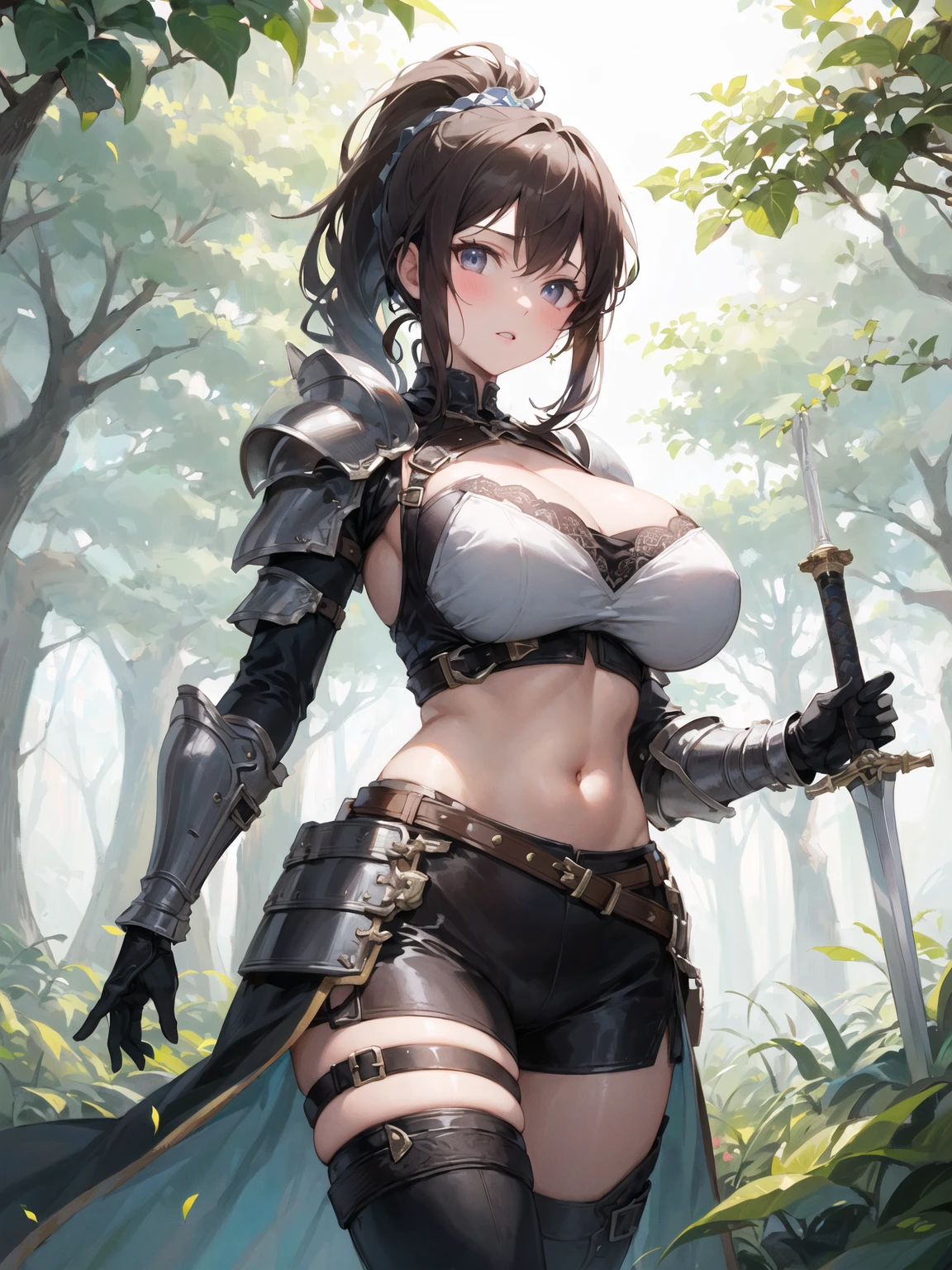 ((masterpiece, best quality)), (1girl), ((mature female)), big breast, ponytail, ((wearing armour)), cleavage, curvy, (plate armour), wide hips, thin waist, midriff, thigh strap, boots, wearing a sword, sword fighting stance, outdoor, adventurer, knight, forest, nature, medieval time, reflected light, ray tracing, delicate background, looking at viewer, cowboy shot,
