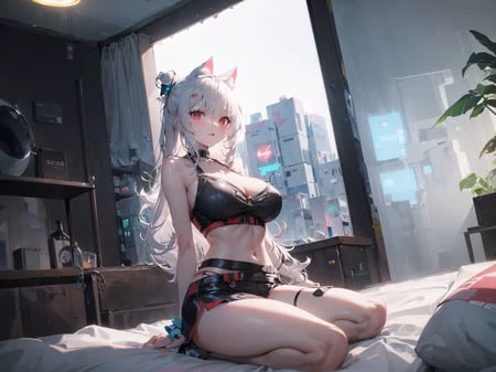 ((masterpiece, best quality)), (1girl), ((big breasts)), red eyes, (white hair),(long hair), cleavage, curvy, thick thighs, fantasy, wide hips, night, thin waist, midriff, cat ears, (shrit), beautiful detailed face, (dark interior), (sitting on the bed), floor to ceiling window, neon light, (cyberpunk city), reflected light, ray tracing,