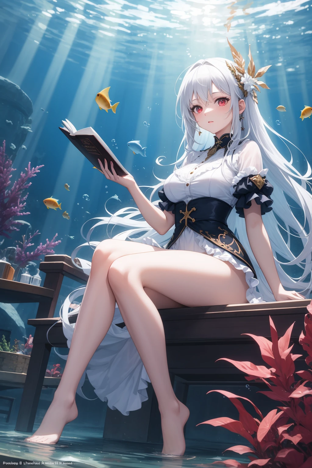 [(Transparent background:1.5)::5],(((masterpiece))),(((best quality))),(((extremely detailed))),illustration, 1girl,solo,mysterious,vivid color,shiny, underwater transparent sealed hemispherical glass dome, white hair,red eyes, full body,barefoot,long hair tranquil nature, koi,Underwater, Dome,close up,Dynamic actions,Lens perspective,(((Box composition))),sit cross-legged and lean against the bookshel,