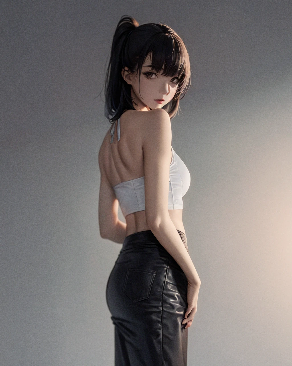 (best quality), (ultra detailed), 1girl, solo, standing,model,looking at viewer, (interview:1.3), (dark background),(detailed face),(ambient lights)