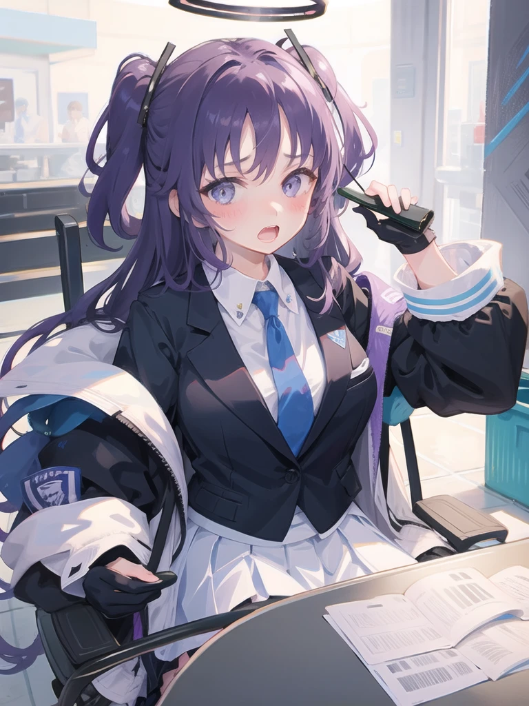 1girl, <lora:yuuka:1>,1girl, solo, necktie, black_gloves, gloves, sitting, blush, long_hair, breasts, bra, jacket, looking_at_viewer, purple_hair, skirt, open_mouth