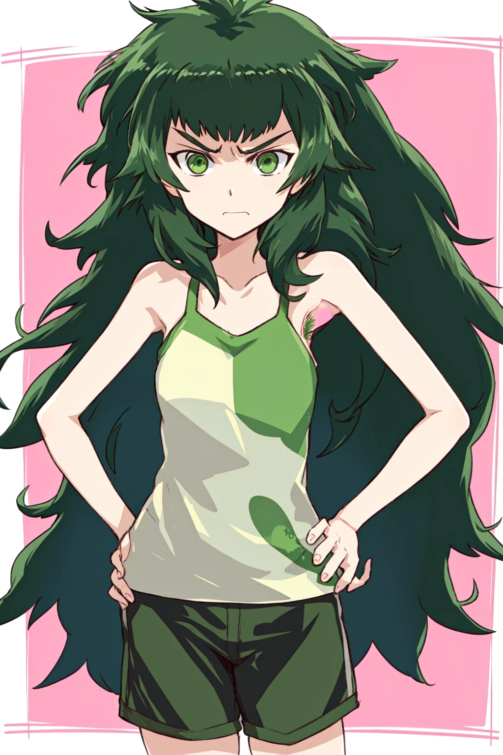 green hair, sketch, armpit hair