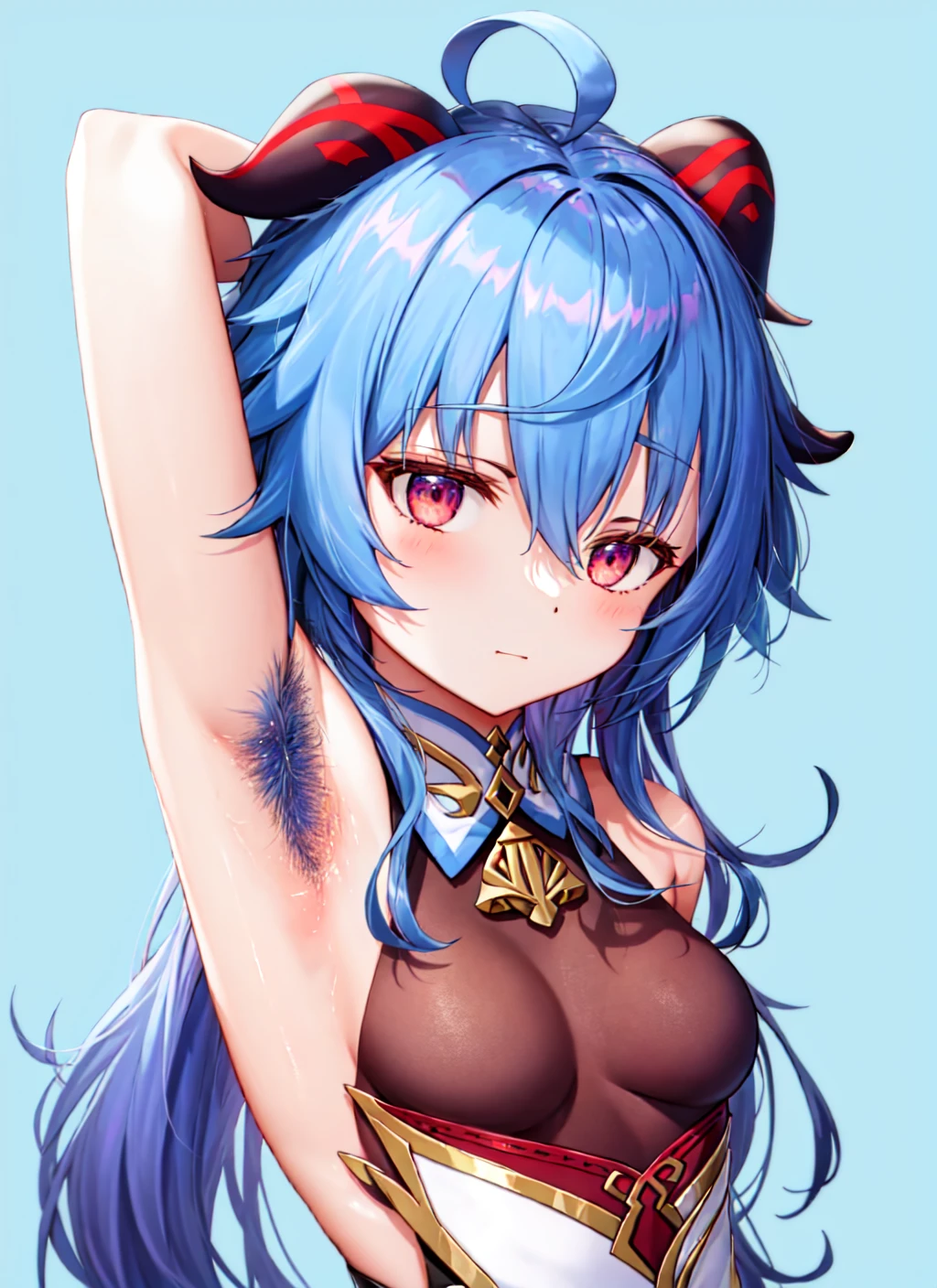 best quality, masterpiece, 1girl, ganyu \(genshin impact\), (blue hair:1.2), (armpit hair:1.4), arms up, small breasts, upper body, facing viewer,