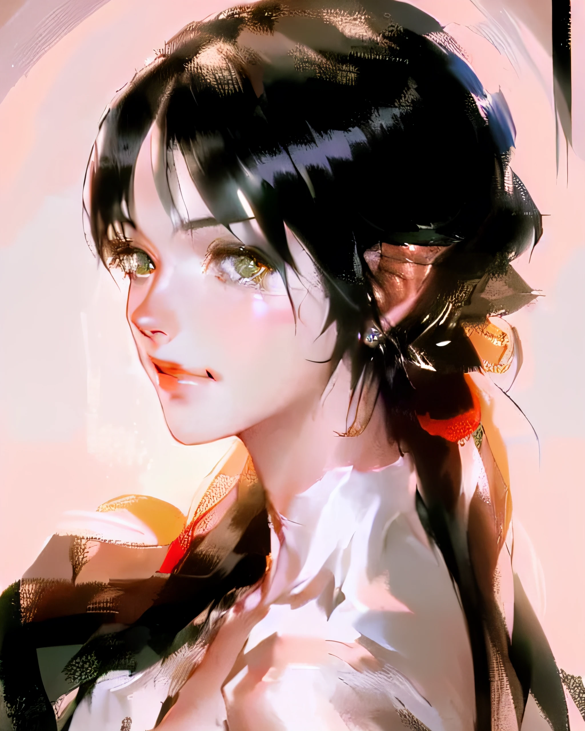 DBfantasyart, close up portrait female, (black hair), green eyes, long hair, smirking, standing in a street, at night, <lora:graphic_illust_12: 0.4>