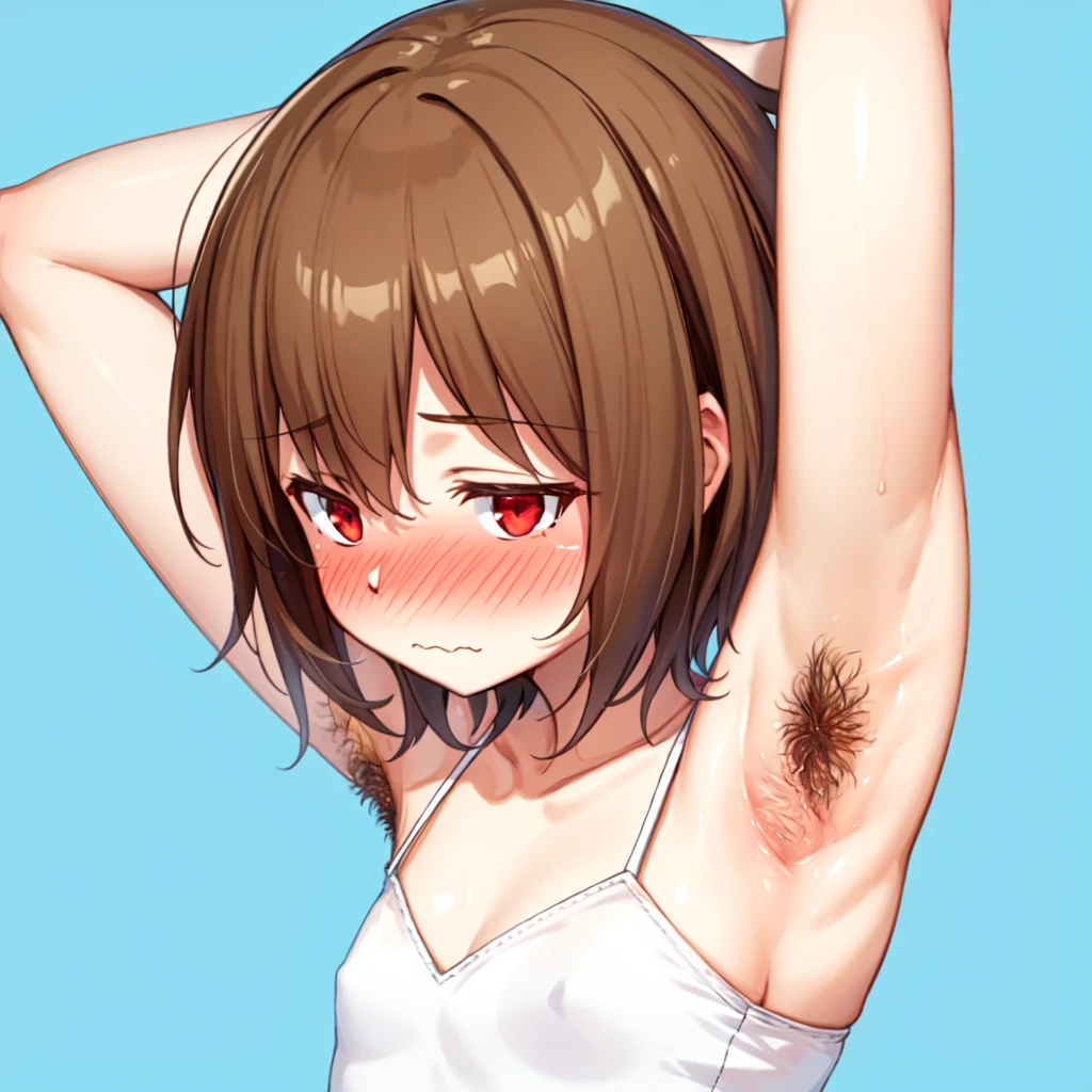best quality, masterpiece, 1girl, brown hair, short hair, red eyes, messy hair, (armpit hair:1.3), arms up, armpits, flat chest, nose blush, wavy mouth,