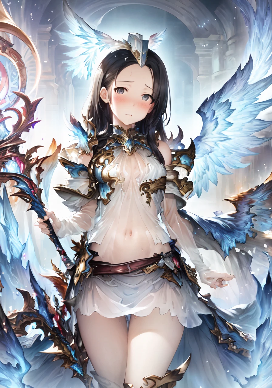 a beautiful masterpiece illustration of a a girl (facing the viewer) , 1girl, highres, 4k, 8k wallpaper, realistic, hyperrealistic, ((official art, game cg, cygames, shadowverse)), ((thighhighs)), , [round teeth], expressive face, realistic face, cute face, [[boots]], blush, black hair, thigh boots, long hair, wide hips, (skinny, petite), narrow waist, (cowboy shot, low angle), textured clothing, textured skin, cinematic lighting, ultra-detailed, empty eyes, detailed eyes, expressive face, realistic face, nose, blush, small breasts, navel, stomach, belly, armored ornate thighhighs, cute, close-up, ((translucent clothing, (see-through clothing, see-through skirt), medium skirt, white skirt, blue skirt, diaphanous, thin skirt:1.2)), highres, absurdres, best quality, realistic, feathered wings, angel wings, black hair, thighhighs, white skirt, see-through shirt,, small breasts, cinematic lighting, small hat, small cap, grey eyes, petite, soft, soft skin, delicate features, waist cape, sharp focus, in focus, belt, long sleeves, detached sleeves, innocent face, soft face, multiple wings, boots, armored boots, sunlight, ambient light, light particles, light rays, groin, shoulder armor, spike shoulder armor, pauldrons, gold trim, elaborate gold decoration, ornate armor, intricately detailed gold decoration on armor, tareme, sweat, detailed face, expressive face, detailed eyes, blush, nose, (garrison cap), (see-through dress), (skirt), (silk skirt, sheer fabric, sheer skirt), wet shirt, wet dress, wet skirt, wet clothes, wet, ((see-through :1.4)), (((nose))), midriff, faulds, (grey eyes:1.5), sidelocks, parted bangs, asymmetrical bangs, bangs, single sidelock, white gloves, elbow gloves, fingerless gloves, panties, black panties, lace panties, zettai ryouiki, ((skindentation)), (official art, cygames, game cg,) (ass visible through thighs, thigh gap), (staff, holding staff), glow, magic, ((from front, groin:1.3)), <lora:Elana:1>