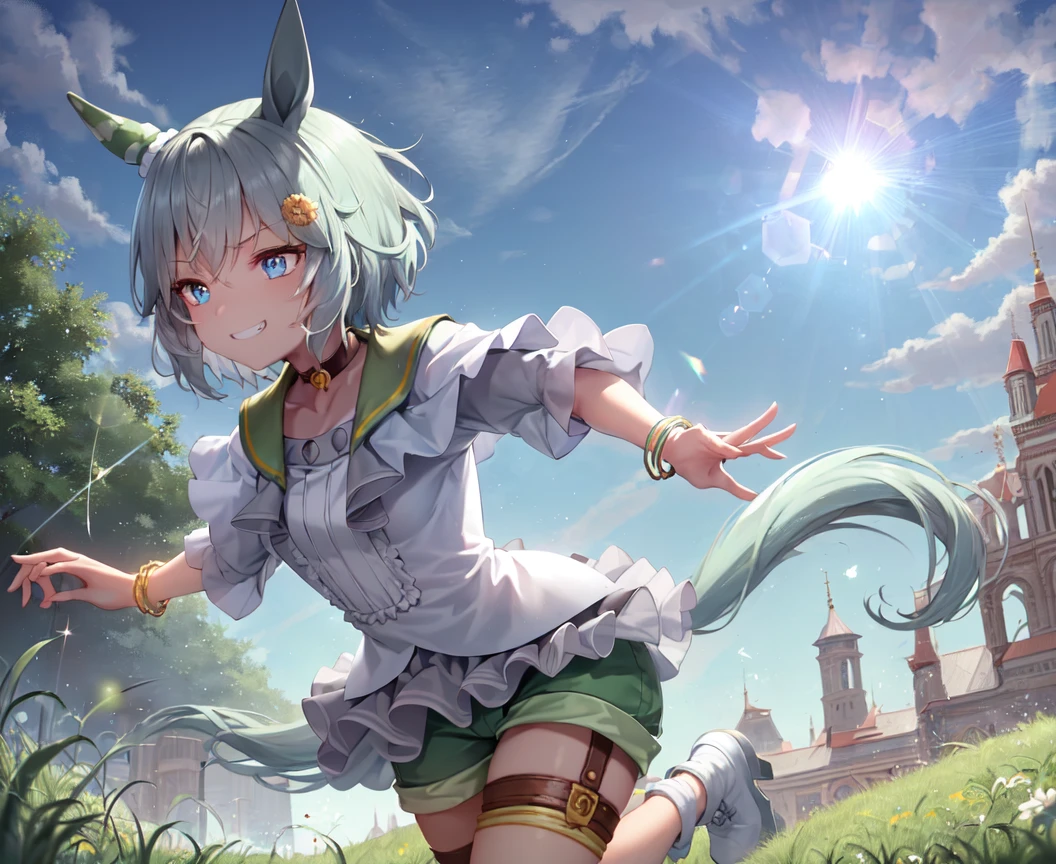 masterpiece, best quality, 
seiun sky \(umamusume\), 
white shirt, short shorts, green shorts, jewelry, choker, bracelet, thigh strap, medium skirt,
serious, glowing eyes, aura, 
running, grass, grin, blue sky, lens flare, from side, look away, profile,
 <lora:seiun_sky_lora:0.65>