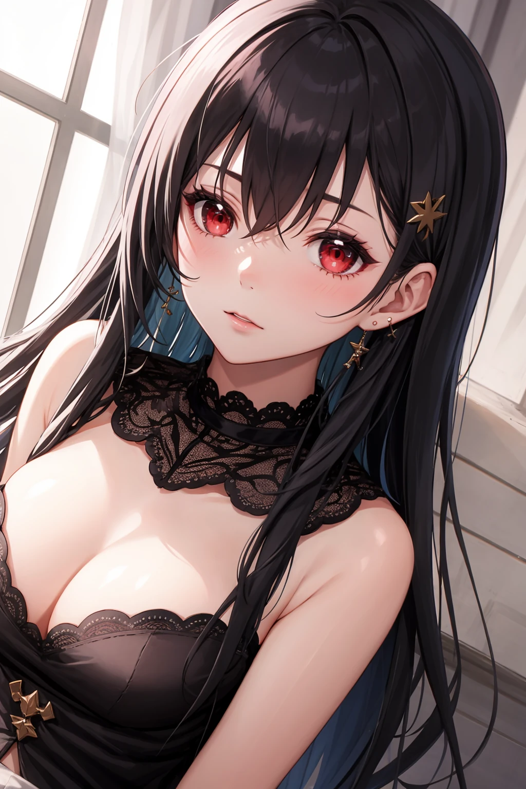 1girl, shaded face, looking at viewer, black hair, red eyes,