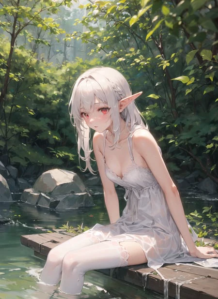 ((masterpiece, best quality)), 1girl, solo focus, shy, confused, (dark skin), elf, red eyes, white hair, ((wet clothes)), sitting on river, looking at viewer, upper body, dress, negligee, white legwear, forest, (from below), looking away, fine fabric emphasis, realistic, day, blu theme, Cinematic Lighting,