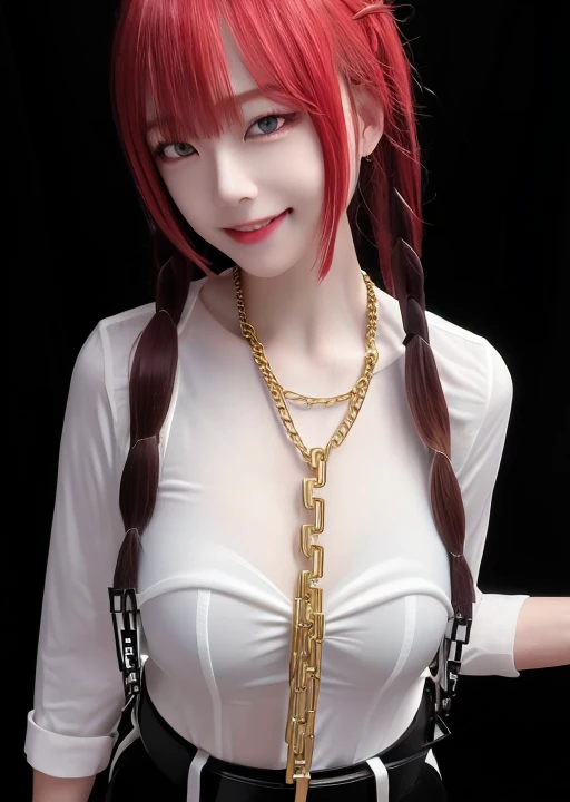(masterpiece), (best quality),makima \(chainsaw man\), best quality, ultra detailed, 1girl, solo, standing, red hair, long braided hair, golden eyes, bangs, medium breasts, white shirt, necktie, stare, smile, (evil:1.2), looking at viewer, (interview:1.3), (dark background, chains:1.3),<lora:zny_1.0:0.7>