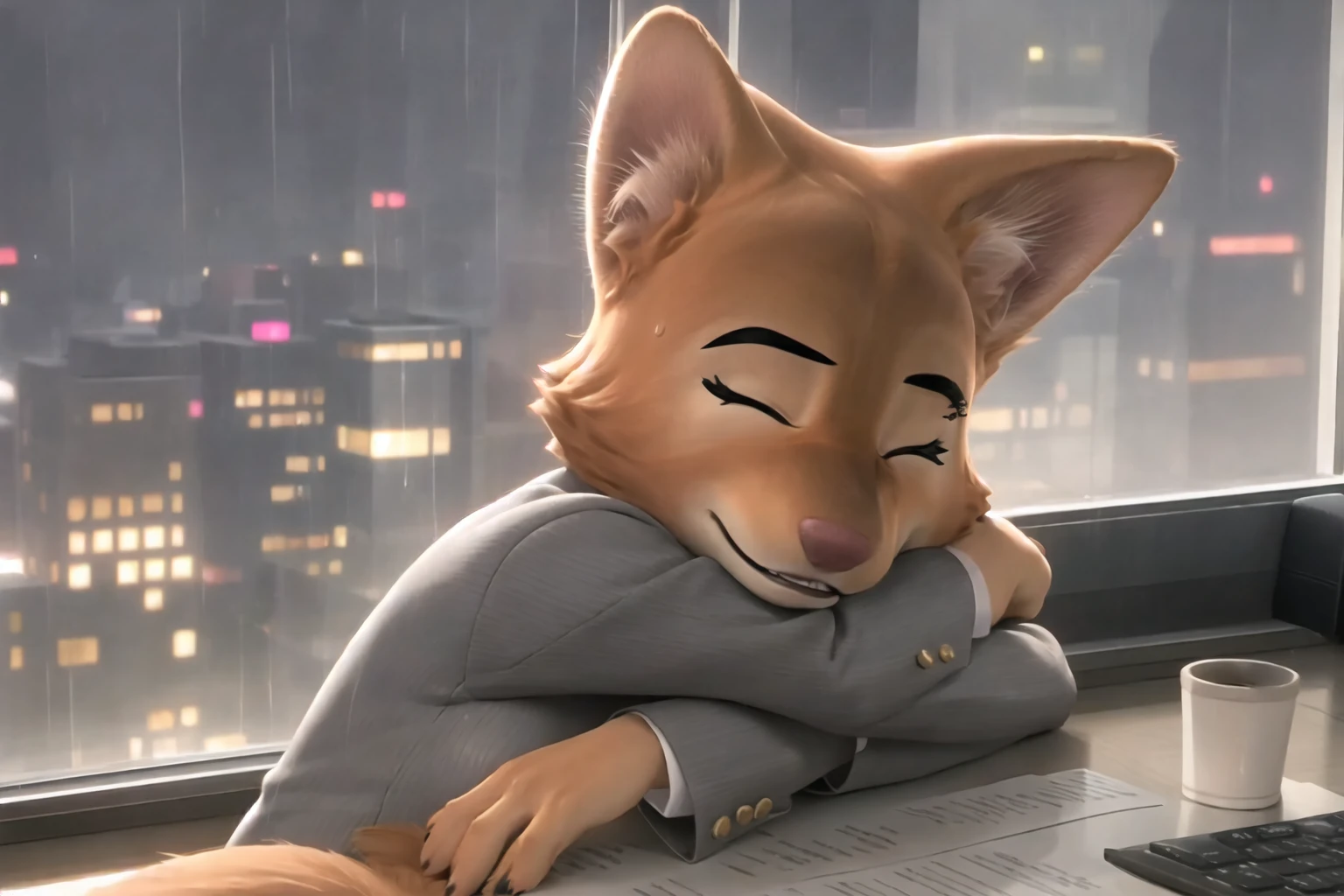 masterpiece, best quality, a beautiful and detailed closeup of diane foxington ,((photo)), ((orange body)), ((orange fur)), fox,breasts, furry female, furry, eyelashes, ((black lips)), eyebrow piercing,tail, colorful and detailed background, medium breasts,slim figure,((fluffy fur texture:1.5)),3d animation, crossed arms, ((resting head on arms)), ((sitting)) at a desk inside an office in a big chair, suit jacket, tie, undershirt, window, cityscape, raindrops on window, nighttime, neon city lights, (grey clothing), eyes closed,sleeping on arms,leaning forwards

<lora:diane foxington nai v4-000007:1>