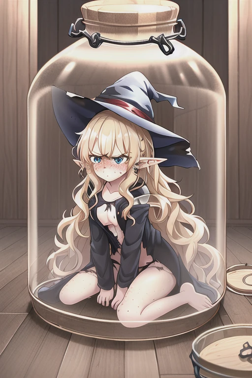 (glass jar:1.3), masterpiece, best quality, 1girl, (behind glass), (sad:1.2), (ripped clothes:1.2),  freckles, elf, pointy ears, blonde hair, black robes, witch hat, angry, wavy hair, very long hair, messy hair, shrunken <lora:Girls in Glass Jars v2 AV3:0.5>, dark wooden floor, dimly lit,  looking at viewer, adult, (kneeling:0.9)