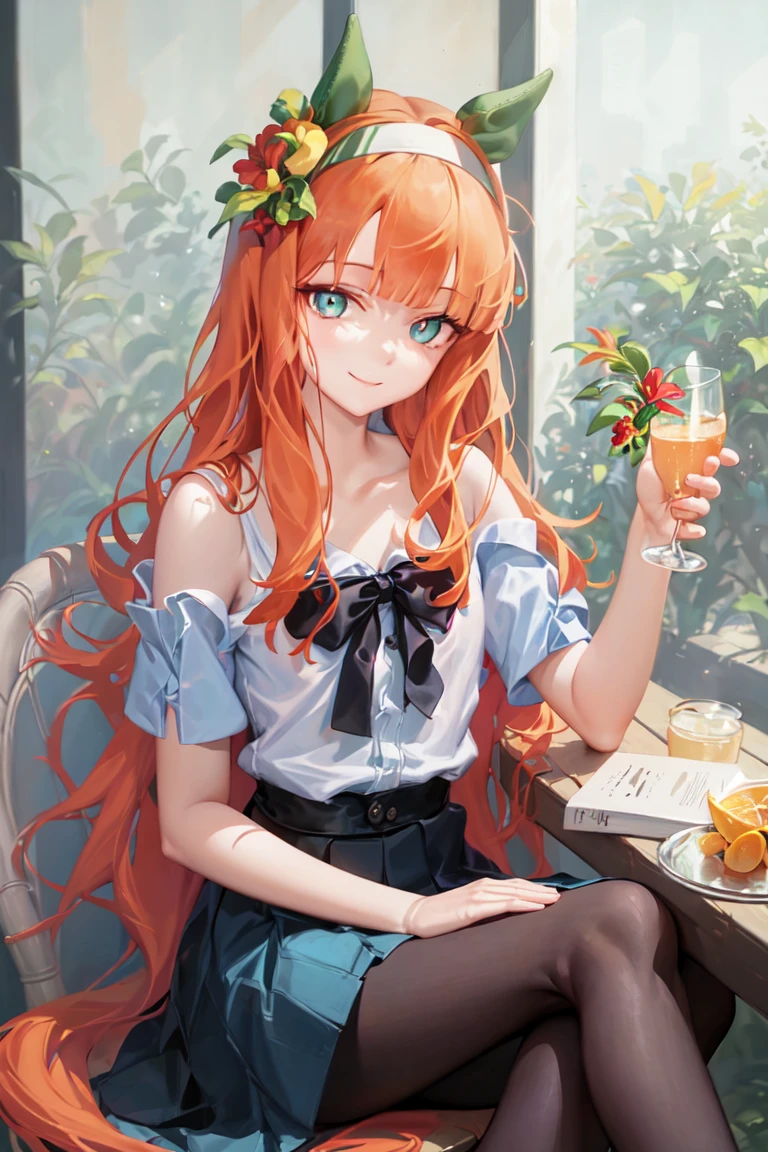 masterpiece, best quality,
silence suzuka \(umamusume\),
hair flower, black pantyhose, pleated skirt, blue skirt, white shirt, short sleeves, light smile,
drinking, holding cup, sitting on chair,
<lora:silence_suzuka_lora:0.8>