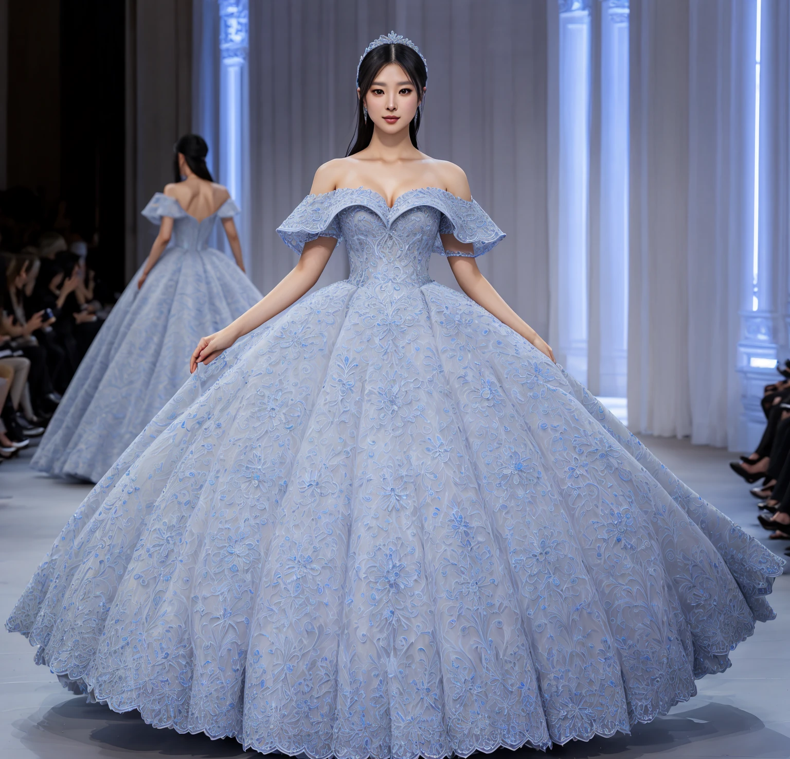 solo, 1girl, Masterpiece, 4K, HD, superb quality, beautiful dark haired Ulzzang Asian woman, ulzzang-6500, (wearing a blue haute_couture designer dress:1.1), with blue lining and embroidery,shiny dress,<lora:Haute_Couture:0.7>, front view, fashion show background, ultra realistic, smooth skin, perfect face, (upper body focus:1.1)