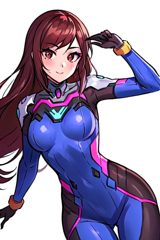 <lora:d.vaV2:0.6>,  Deeva \(overwatch 1 version\), 1girl, long hair, solo, brown hair, bodysuit, brown eyes