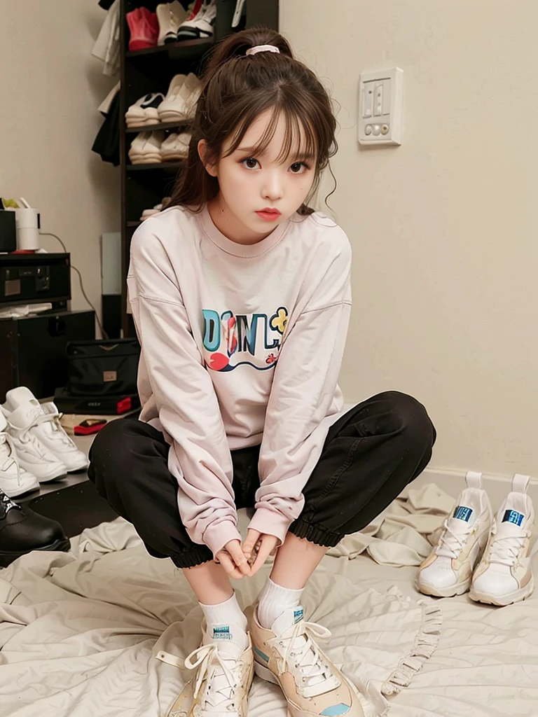 standing in front of her closet, trying on different outfits, with a pile of clothes on the bed and shoes scattered on the floor
masterpiece, best quality, extremely detailed face, perfect lighting, solo,1girl,
iu1, <lora:iuv2:0.8>