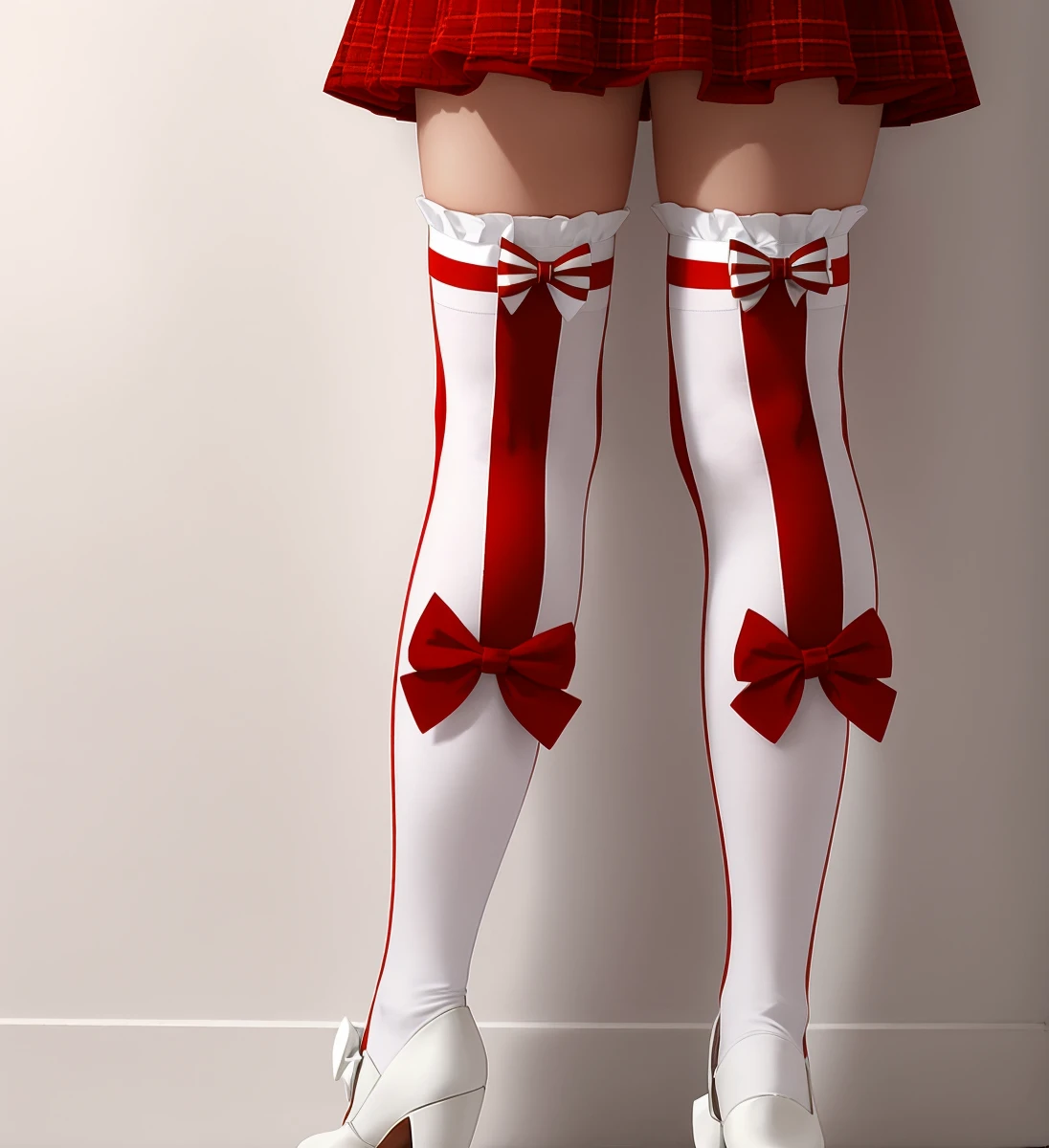 Masterpiece, 4K, beautiful design, kneesocks, bicolor bowtie kneesocks,white and red kneesocks,red bowtie, woman standing up wearing bicolor bowtie kneesocks,  <lora:Kneesocks:0.6>, wall background,