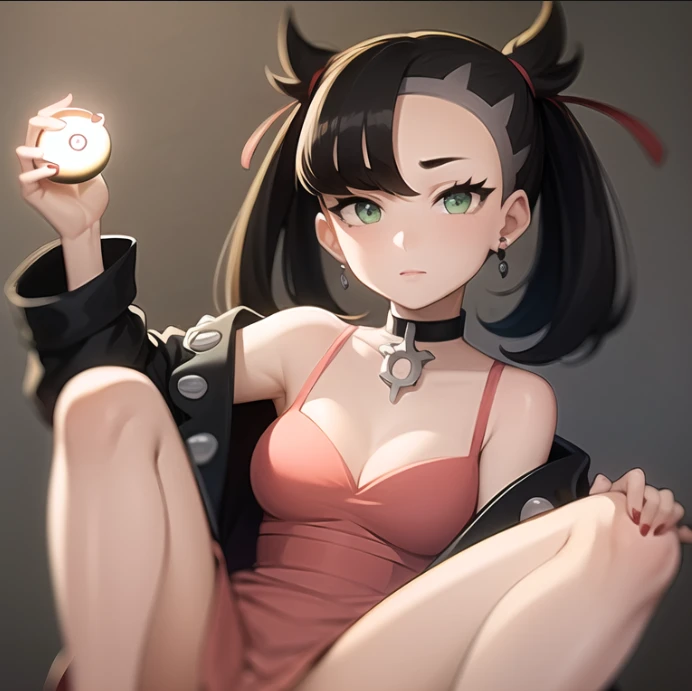 beautiful, masterpiece, best quality, extremely detailed face,  perfect lighting, 1girl, solo, sketch, <lora:Afrobull:0.3>, <lora:PokeMarnie:1>, marnie \(pokemon\), green eyes, black choker, black footwear, black jacket, boots, , choker, cleavage, collarbone, dress, holding, holding poke ball, jacket, jewelry, long sleeves, looking at viewer, , open jacket, pink dress, poke ball, poke ball \(basic\), simple background, sitting, solo, white background