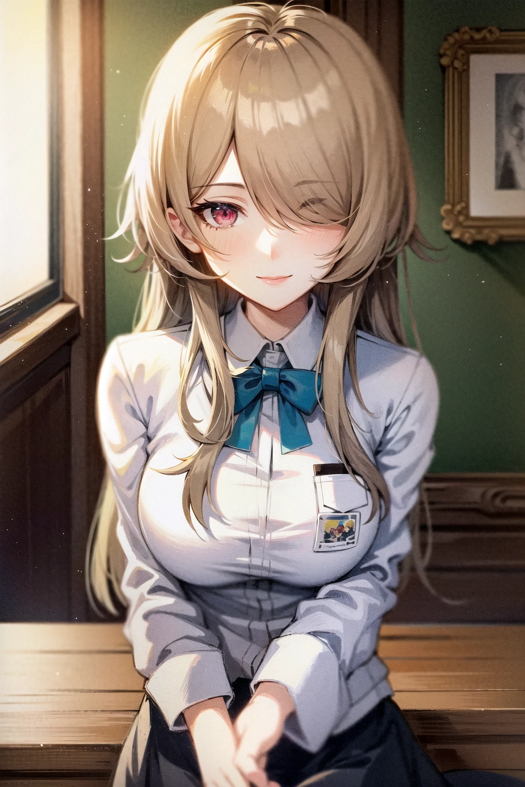(Realistic painting style:0.9), (faux traditional media:1.1), masterpiece, best quality, absurdres, looking at viewer, solo, (rita rossweisse:1.2), platinum blonde hair, red eyes, hair over one eye, eyes visible through hair, half-closed eyes, seductive smile, student uniform, (ulzzang-6500:0.6),