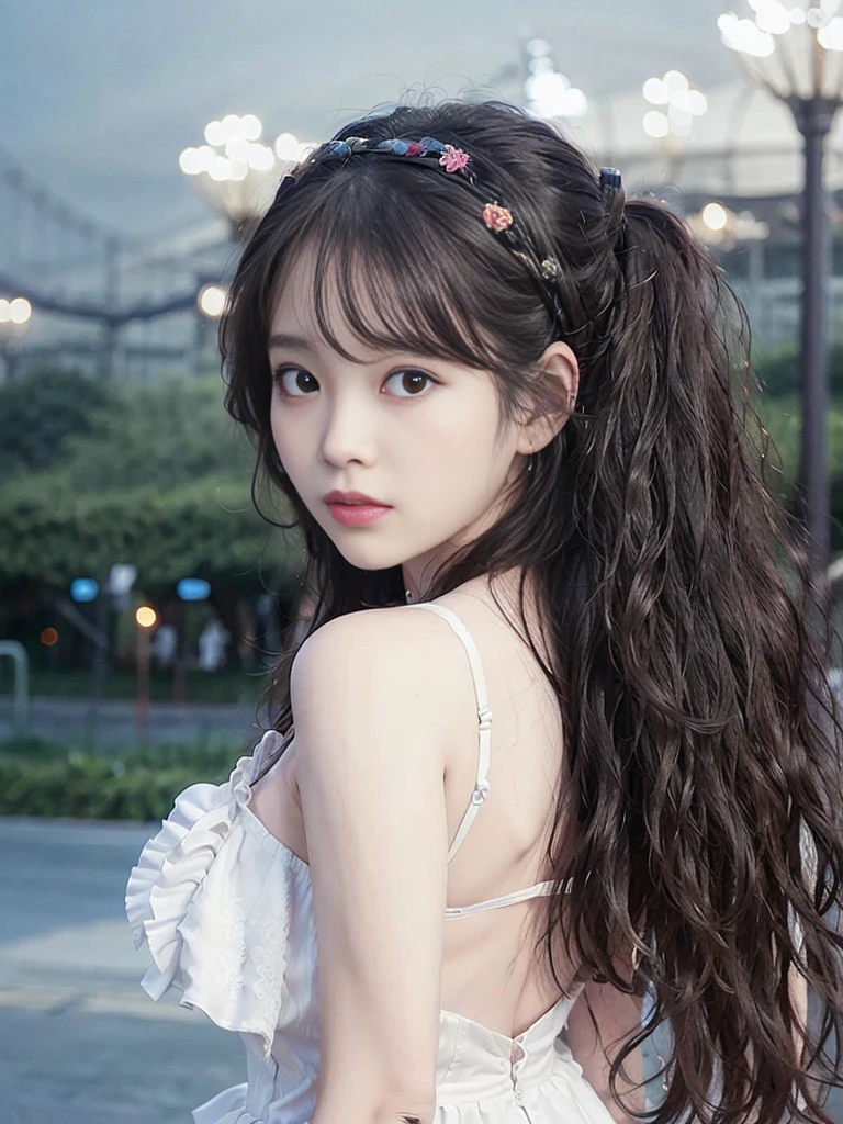 photorealistic, long_hair, realistic, solo, photorealistic, best quality, ultra high res,1girl,
outdoor, amusement park, colorful, joyful expression, long hair, ponytail, cute headband, looking back over shoulder, amusement park rides and attractions in background, night time setting,
1girl,
beautiful, masterpiece, best quality, extremely detailed face, perfect lighting, 1girl, solo,
best quality, ultra high res, photorealistic,
ultra detailed,
masterpiece, best quality, iu1, <lora:iuv2:0.8>