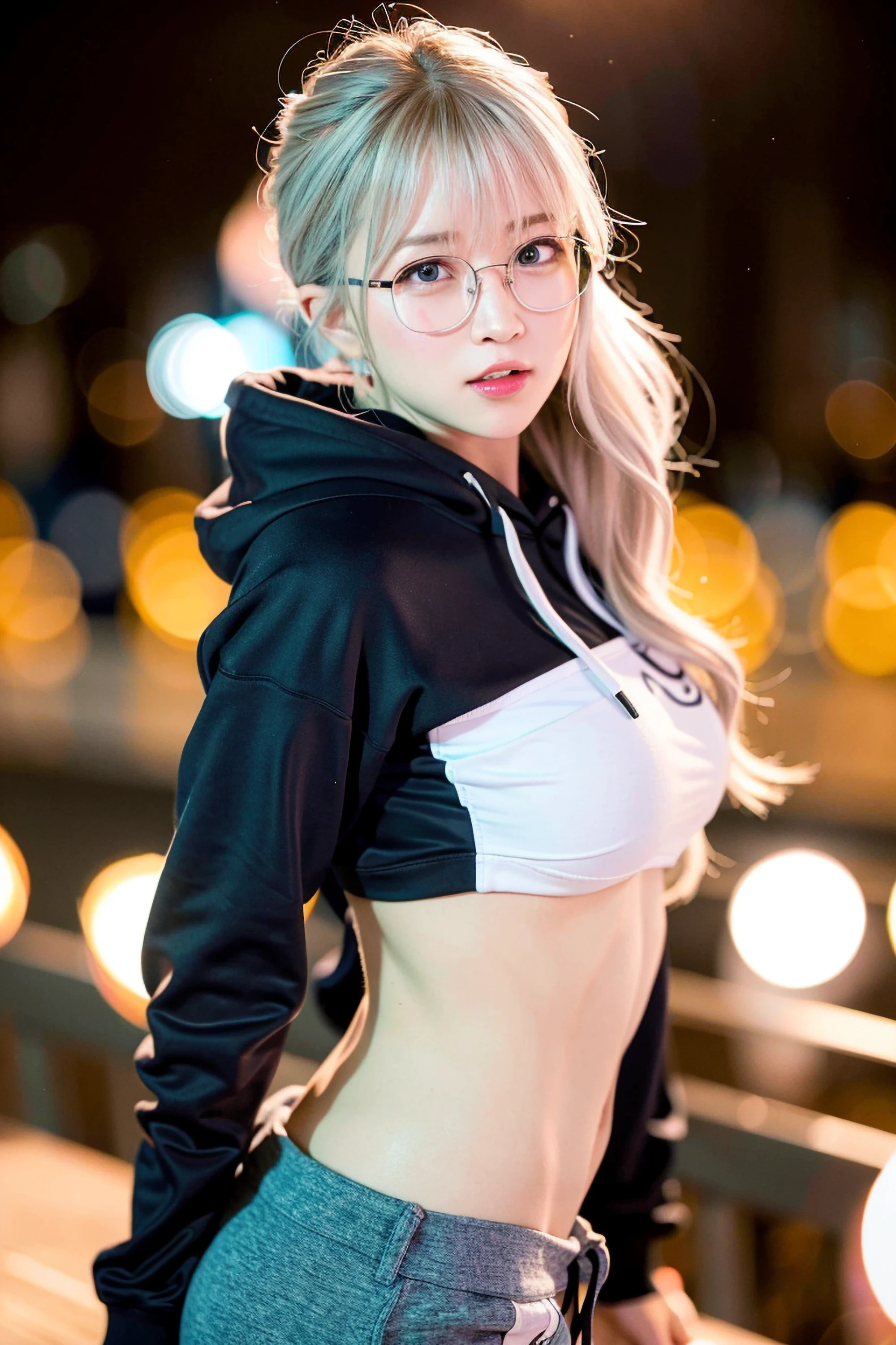 (8k, RAW photo, best quality, masterpiece:1.2), (realistic, photo-realistic:1.37), best quality, ultra high res, photon mapping, radiosity, physically-based rendering, 1girl, ((glasses)), ((hoodie)), ((sweatpants)), naughty face, cute, (laughing), (happy), (Kpop idol), (aegyo sal:1), ((puffy eyes)), looking at viewer, posing, (full body), large breasts, busty, large butt, cityscape, night, (bokeh:1.4), <lora:koreanDollLikeness_v10:0.5>, ((wink)), ((hair blown by air)),