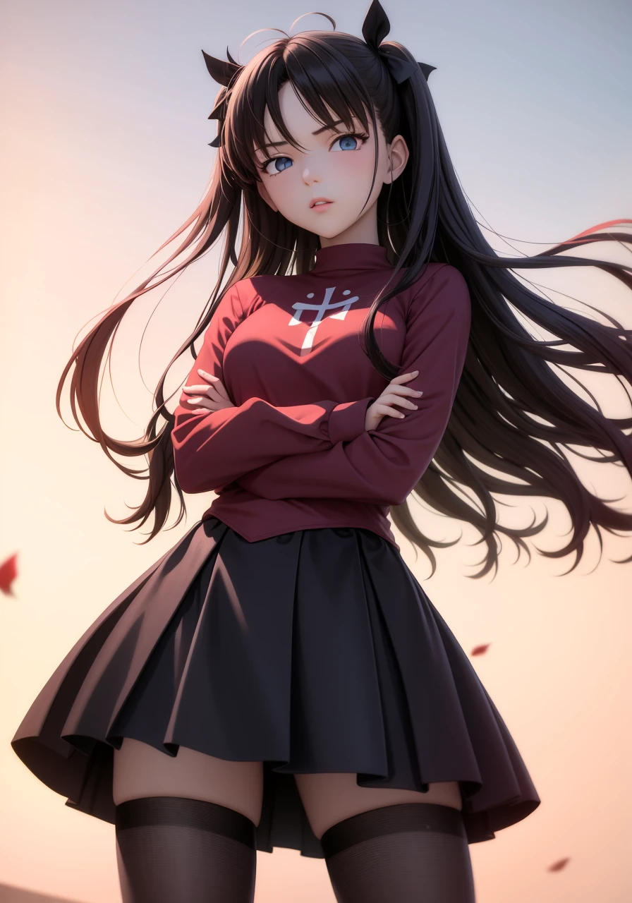 masterpiece, best quality,1girl, tohsaka rin, solo, long hair, thighhighs, skirt, blue eyes, two side up, black thighhighs, black hair, crossed arms, (kbxll:0.6)