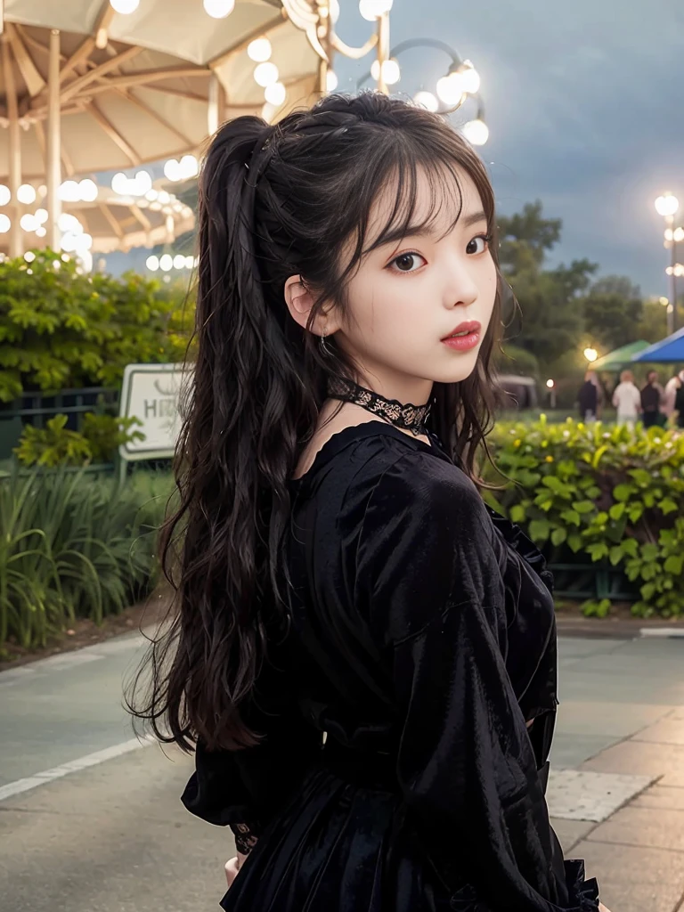 photorealistic, long_hair, realistic, solo, photorealistic, best quality, ultra high res,1girl,
outdoor, amusement park, colorful, joyful expression, long hair, ponytail, cute headband, looking back over shoulder, amusement park rides and attractions in background, night time setting,
1girl,
beautiful, masterpiece, best quality, extremely detailed face, perfect lighting, 1girl, solo,
best quality, ultra high res, photorealistic,
ultra detailed,
masterpiece, best quality, iu1, <lora:iuv2:0.8>