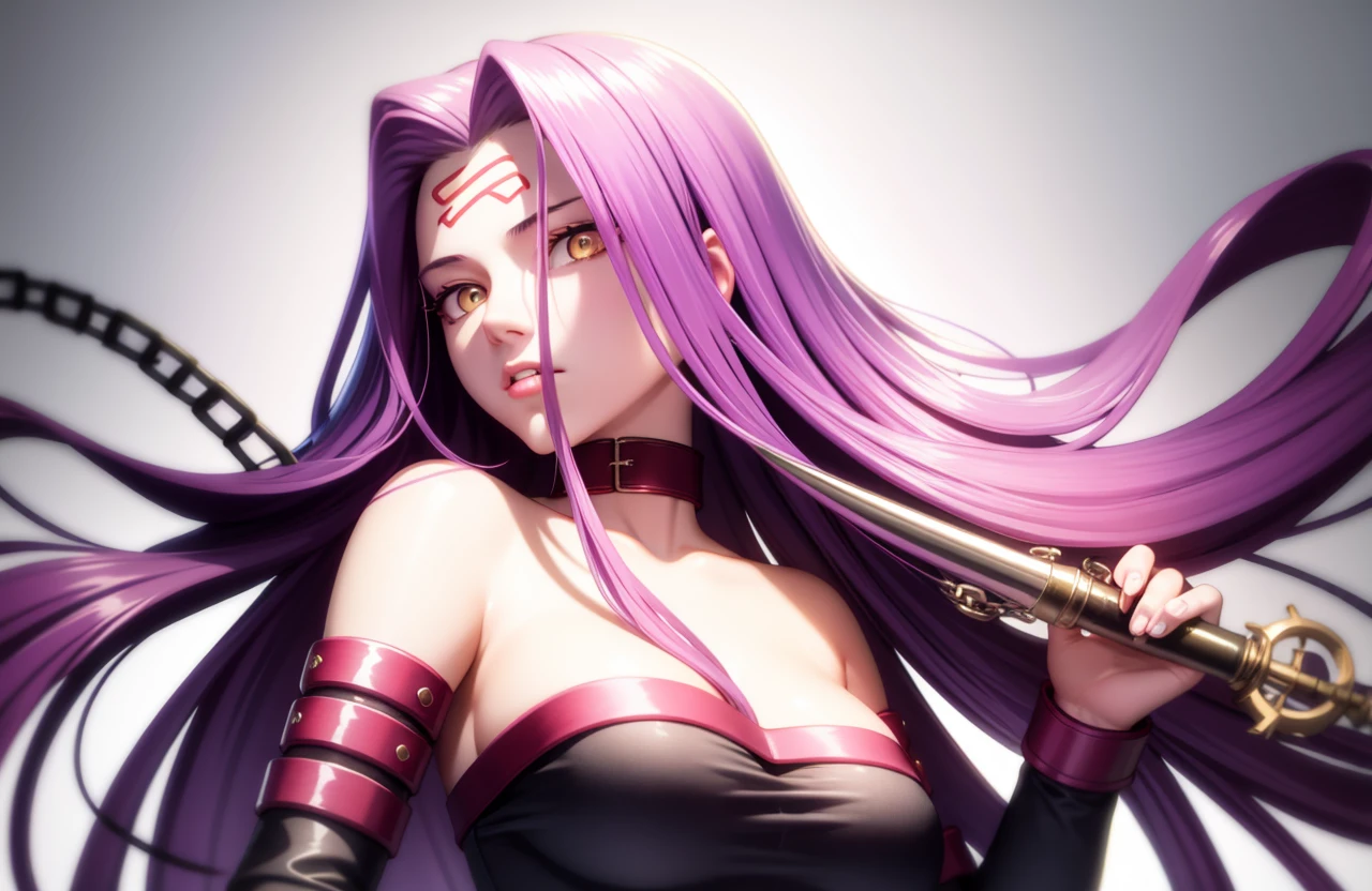 masterpiece, best quality,1girl, medusa (rider) (fate), chain,long hair, medusa (fate), breasts, cleavage, purple hair, forehead mark, solo, facial mark, weapon, yellow eyes, chain, large breasts, very long hair, looking at viewer,(kbxll:0.5)