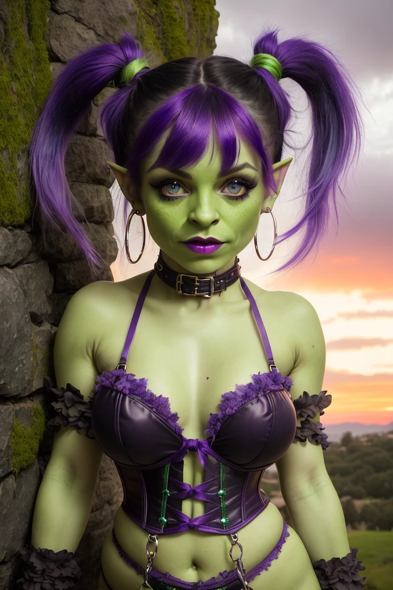 8k, award winning, ((full body)), photo of a ((stunningly attractive)), ((adorable goblin girl with pink & pale green skin)), ((sexy, dynamic pose)), ((with nature backdrop, with red & orange cloudy sunset)), ((lingerie)), ((corset)), ((leather collar)), ((dark purple sheer stockings)), (playful:1.4), (aroused:2.0), ((open toe high heels, pretty feet)), (((long pointed ears))), ((purple and aquamarine goth pigtails with bangs :1.25)), ((purple flowers in hair)), (amazing feminine face : 1.31), (nose piercing), (medium breasts:0.73), (narrow waist : 1.5), (wide hips : 0.69), (thick thighs : 0.91), (long sexy legs), (excellent hands fingers thumbs : 1.45), ((detailed bright blue eyes)), ((smokey eye shadow)), ((pale pink lips)), ((green skin)), ((no horns)), ((no horns)), ((small hoop earrings)), ((backlighting)), ((subtle shading)), ((good proportions)), (good anatomy), ((complimentary colors)), ((Subsurface Scattering)), Style-Goblinmode,