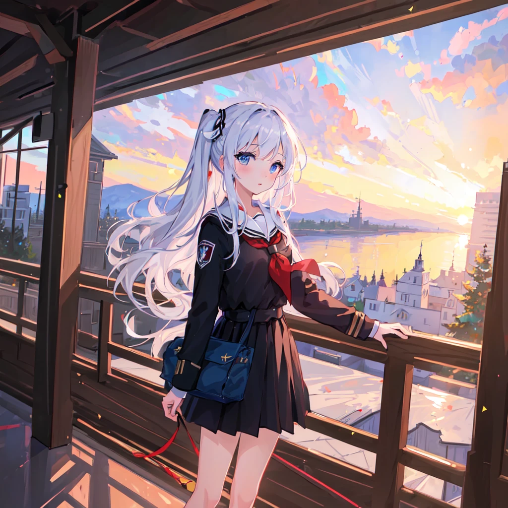 ((masterpiece,best quality,official art,extremely detailed CG unity 8k wallpaper)),illustration,landscape,solo,1girl,bishojo,beautiful detailed eyes,Student uniforms,