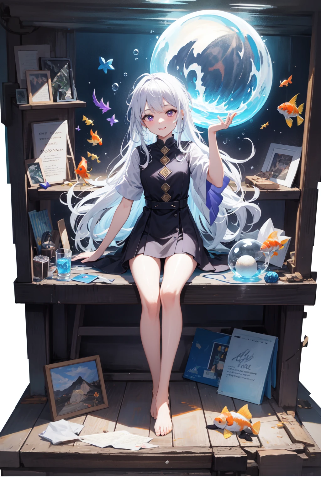 [(Transparent background:1.5)::5],(((masterpiece))),(((best quality))),(((extremely detailed))),illustration, 1girl,solo,mysterious,vivid color,shiny, underwater transparent sealed hemispherical glass dome, (white hair),(purple eyes), full body,barefoot,long hair tranquil nature, koi,Underwater, Dome,close up,Dynamic actions,Lens perspective,(((Box composition))),sit cross-legged and lean against the bookshel, volumetric lighting, multi-color eyes, detailed eyes, hyper detailed,light smile, highly detailed, beautiful, small details, ultra detailed, best quality, intricate, 4k, 8k, trending on artstation, good anatomy, beautiful lighting, award-winning,