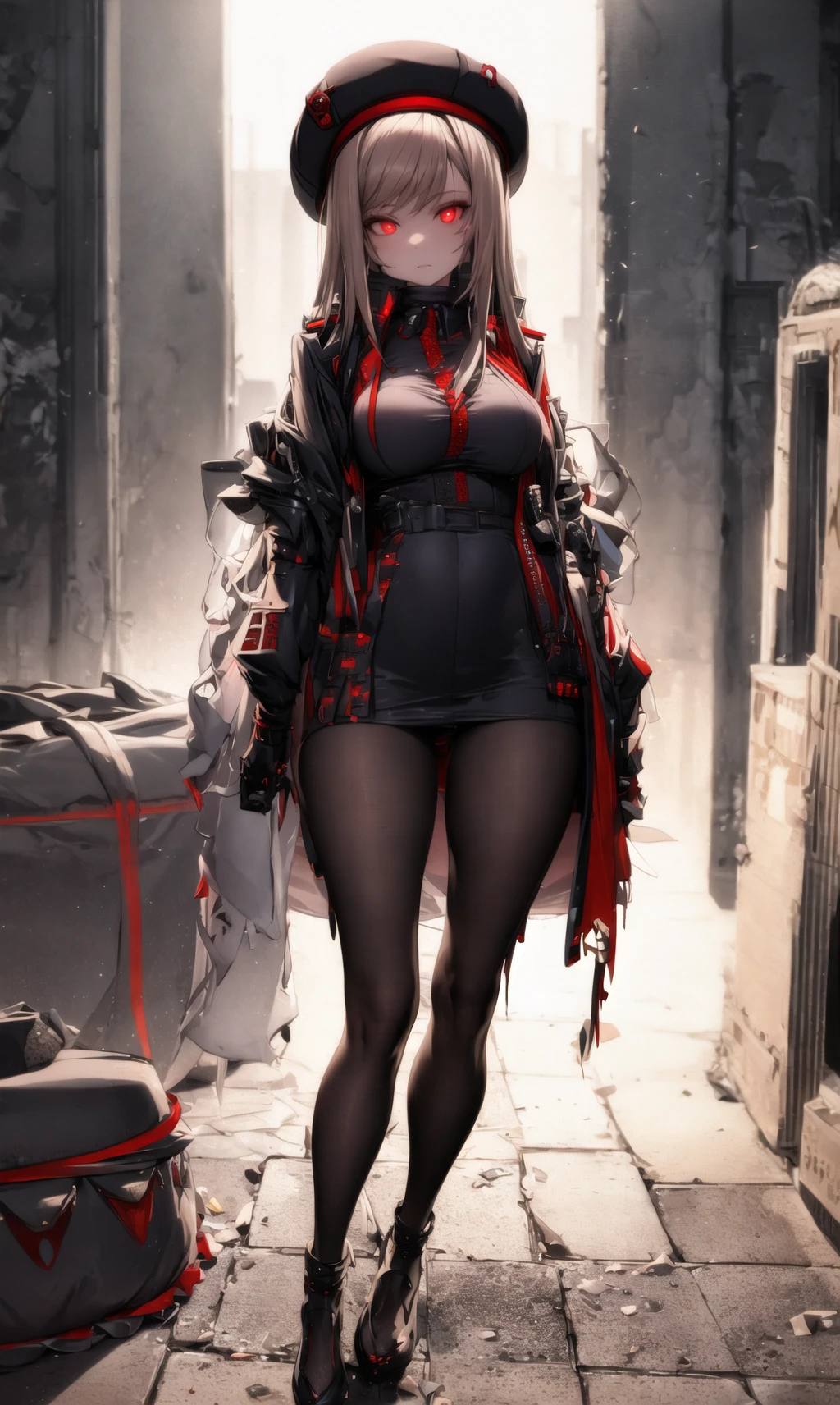nikirabi,masterpiece,best quality, detailed, 1girl,(crypt in background), pale skin, red glowing eyes,full body,<lora:nikirabi:1.0>