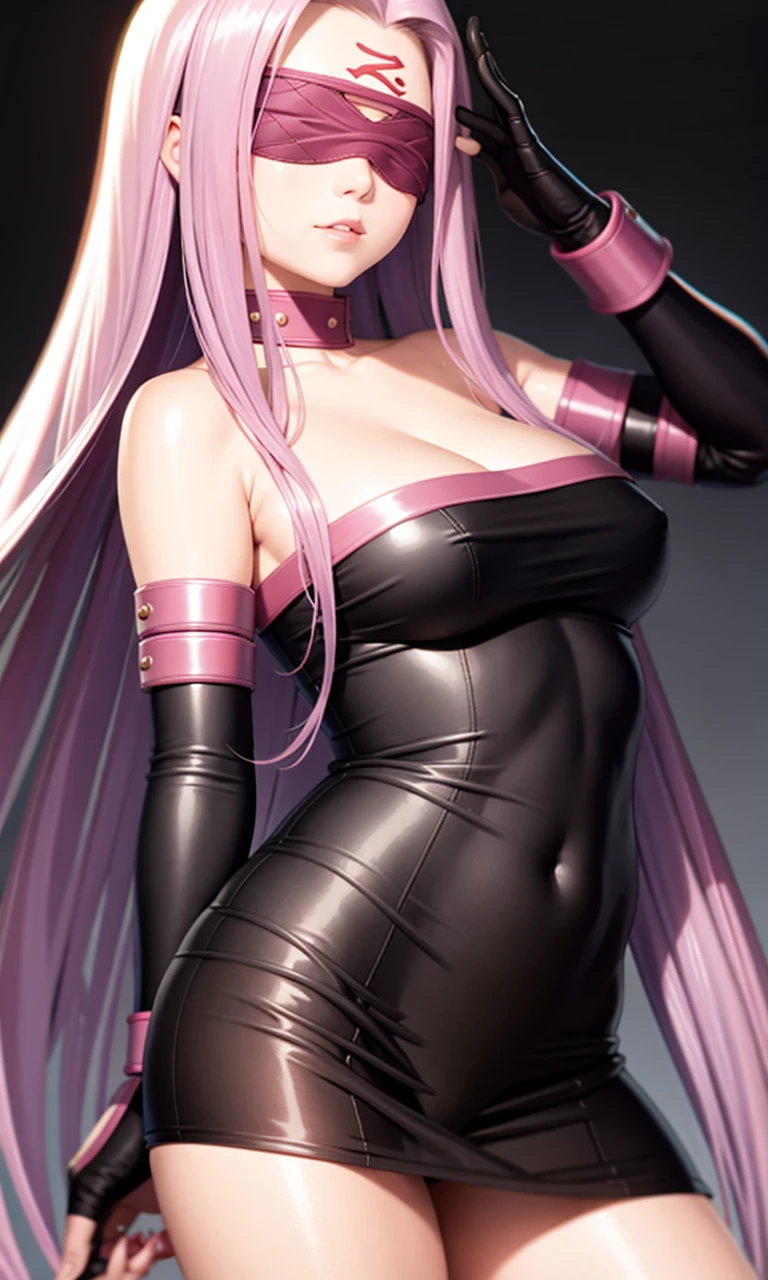 masterpiece, best quality,1girl, pink hair,(blindfold:1.5),dress,breasts, long hair, solo, medusa (fate), cleavage, large breasts, medusa (rider) (fate), facial mark, strapless, forehead mark, looking at viewer, purple hair, gloves, very long hair, dress, strapless dress, simple background, elbow gloves,(kbxll:0)