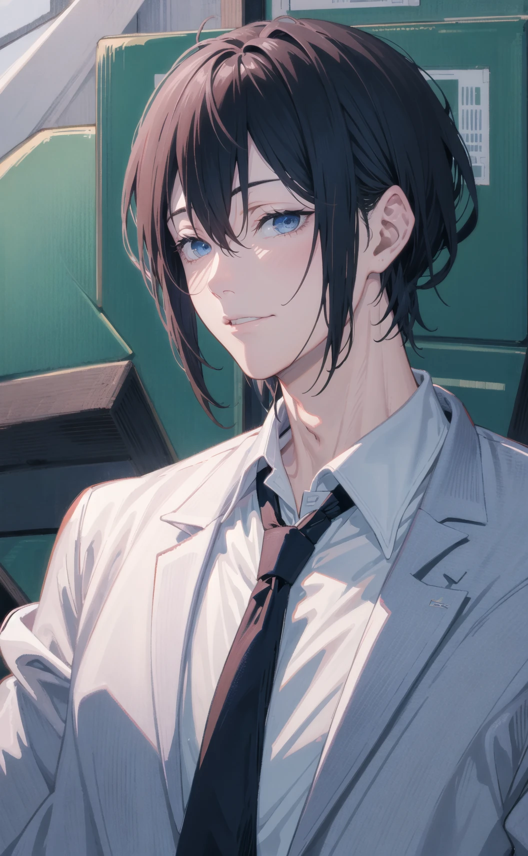 looking at viewer, 1boy, aki \(chainsaw man\), good anatomy, close up, upper body portrait, black hair, dark blue eyes, black jacket, black necktie