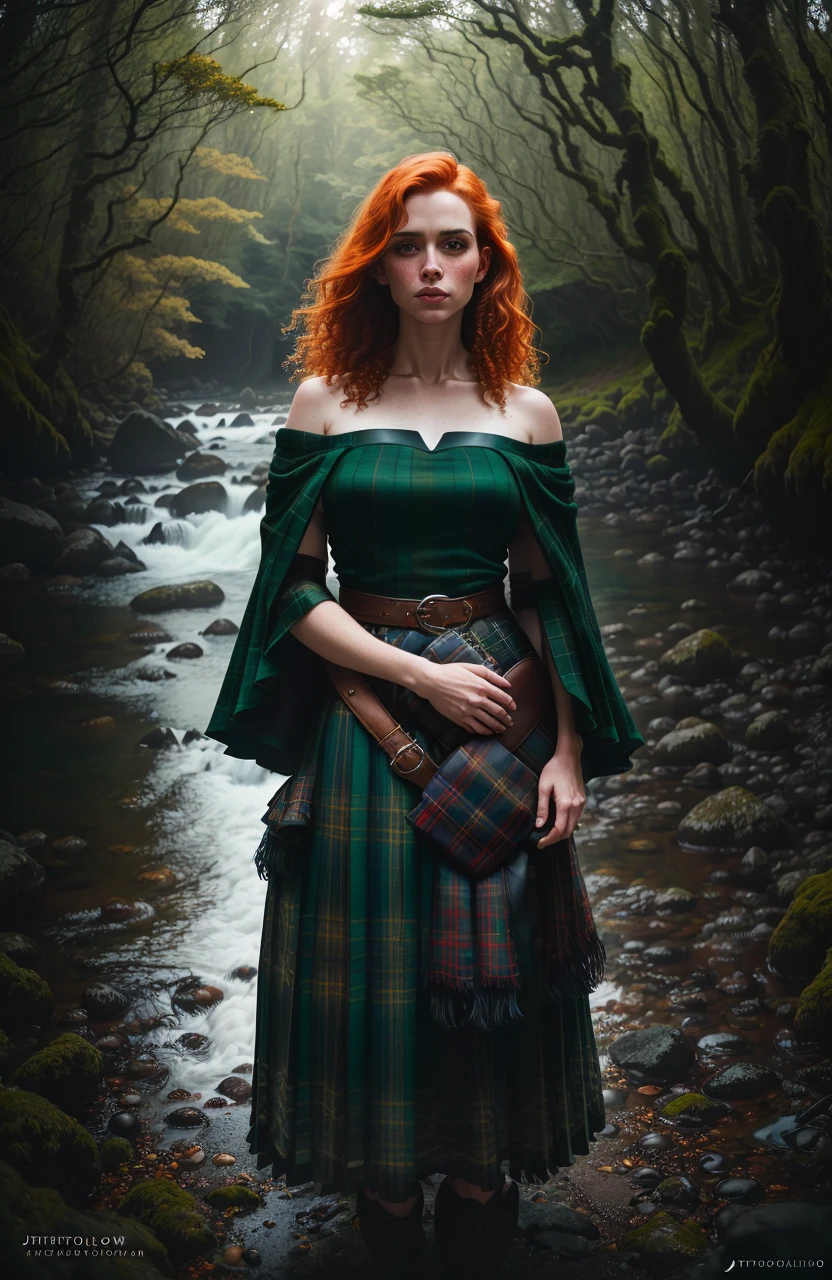 deep shadow, sinister, award winning photo, best quality, masterpiece, upper body, woman, freckled face, windblown blonde hair, emerald eyes, modern strapless dress by Jeremy Lipking, by Antonio J. Manzanedo, by lee jeffries nikon d850 film stock photograph 4 kodak portra 400 camera f1.6 lens rich colors hyper realistic lifelike texture dramatic lighting unreal engine trending on artstation cinestill 800, fisheye lens, Style-Kilt, windy beach, scottish loch, forest