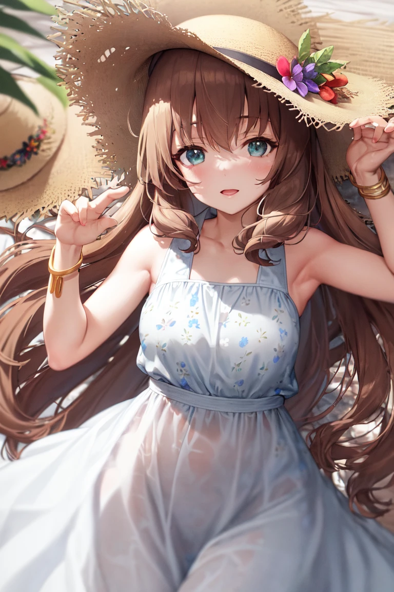 masterpiece, best quality,
maruzensky \(umamusume\),
sleeveless dress, white dress, straw hat, (floral print:1.1), flower, bracelet,
<lora:maruzensky_lora:0.7>