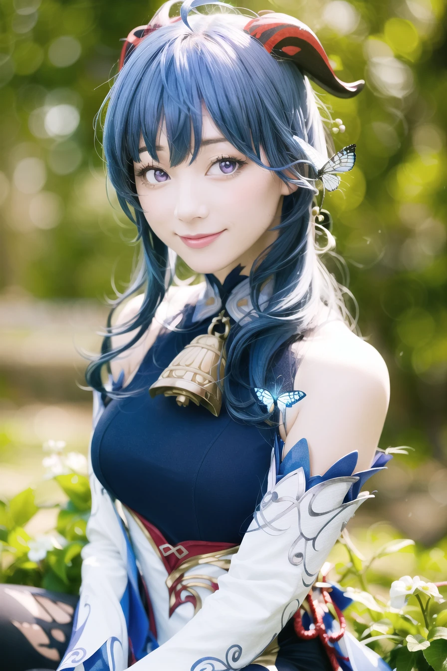 <lora:ganyu_ned2_offset:1.2> <lora:japaneseDollLikeness_v10:0.4> masterpiece, (photorealistic:1.5), best quality, beautiful lighting, real life,
((masterpiece, best quality)), ganyu \(genshin impact\), 1girl, ahoge, artist name, bangs, bare shoulders, bell, black gloves, ((blue hair)), breasts, bug, butterfly, detached sleeves, flower, gloves, horns, long hair, looking at viewer, medium breasts, neck bell, outdoors, purple eyes, purple flower, sidelocks, sitting, smile, solo, upper body, white sleeves, (ulzzang-6500:0.5)