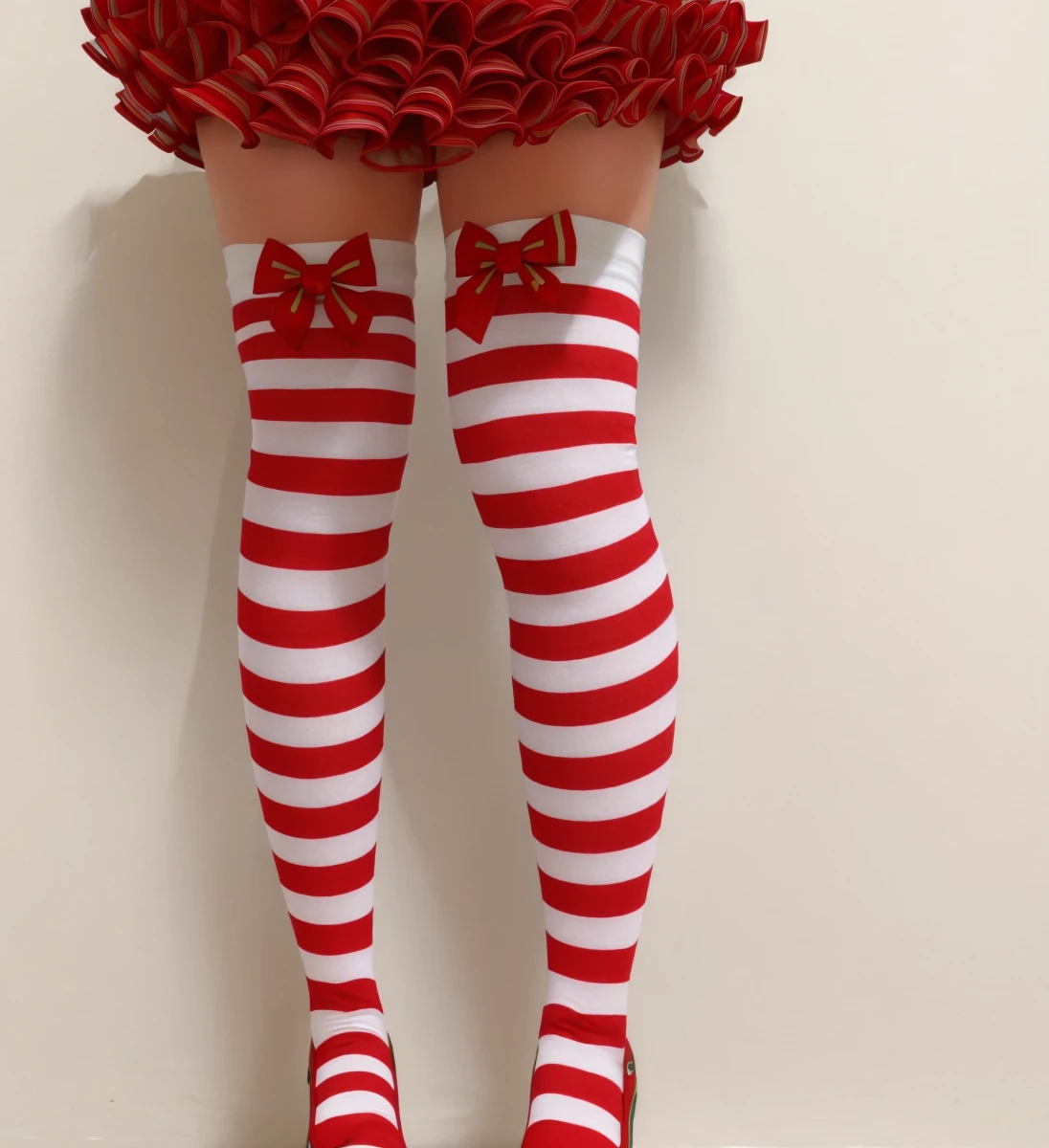 Masterpiece, 4K, beautiful design, kneesocks, bicolor bowtie kneesocks,white and red kneesocks,green bowtie, woman standing up wearing bicolor bowtie kneesocks, front view,,<lora:Kneesocks:0.8>, wall background,