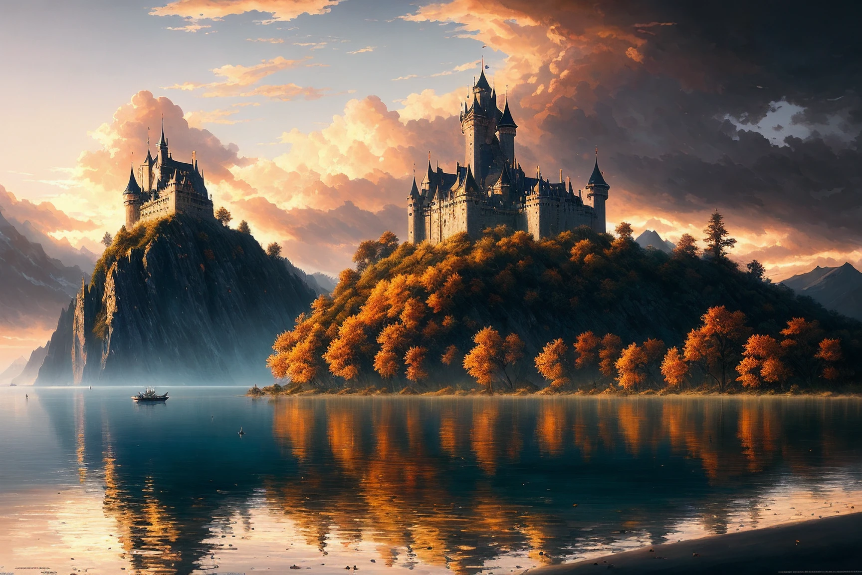 modelshoot style, (extremely detailed CG unity 8k wallpaper), photo of the most beautiful artwork in the world, (medieval castle at sunset on island surrounded by water and mountains in the distance), (ethereal clouds), (gorgeous sky), (breathtaking), (LoTR inspired), fantasy landscape, professional majestic oil painting by Ed Blinkey, Atey Ghailan, Studio Ghibli, by Jeremy Mann, Greg Manchess, Antonio Moro, trending on ArtStation, trending on CGSociety, Intricate, High Detail, Sharp focus, dramatic, photorealistic painting art by midjourney and greg rutkowski
Negative prompt