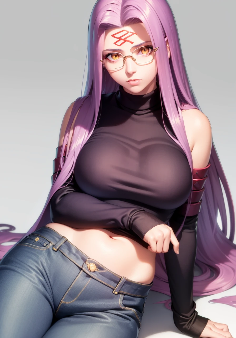 masterpiece, best quality,1girl, medusa (rider) (fate),glasses,,(woollen sweater:1.2),jeans,long hair, medusa (fate),off bare shoulders, purple hair, forehead mark, solo, facial mark, yellow eyes, large breasts, very long hair, looking at viewer